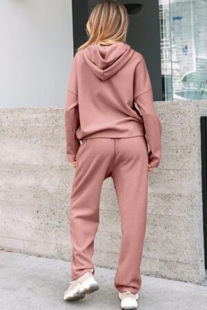 Rose Tan Lace Drawstring Pullover Hoodie and High Waist Pants Corduroy Suit - Image 5
