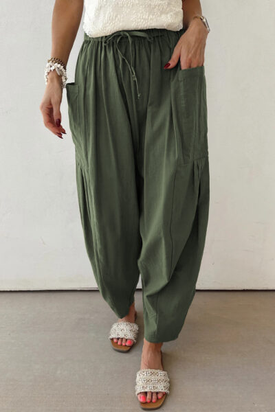 Jungle Green Drawstring Elastic Waist Patch Pocket Barrel Leg Casual Pants