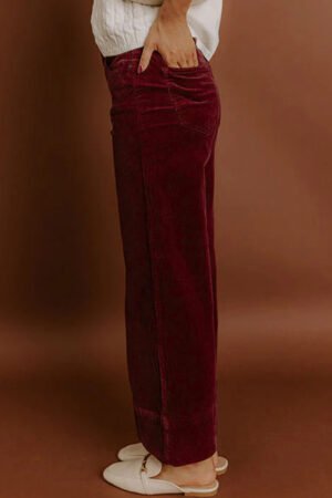Burgundy Corduroy Solid Color High Waist Wide Leg Pants - Image 3