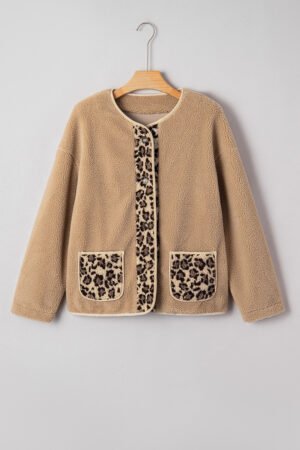 Casual Leopard Print Accent Plush Jacket with Pockets - Image 7