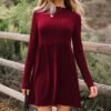 Red Dahlia Frilled Neck Ribbed Knit Patchwork Long Sleeve Mini Dress
