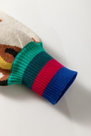 Apricot Contrast Ribbed Stripes Detail Animal Pattern Knit Sweater - Image 6