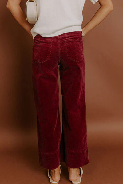 Burgundy Corduroy Solid Color High Waist Wide Leg Pants