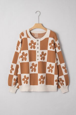 Thai Curry Flower Plaid Henley Baggy Sweater - Image 4