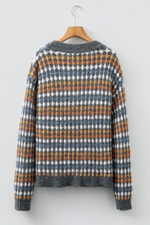 Gray Dotty Pattern Knit Button Front V Neck Sweater Cardigan - Image 5