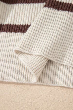 Brown Stripe Ribbed Henley Drop Shoulder Slouchy Sweater - Image 9