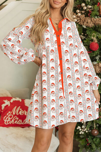White Father Christmas Contrast Collar Button Front Long Sleeve A-line Mini Dress