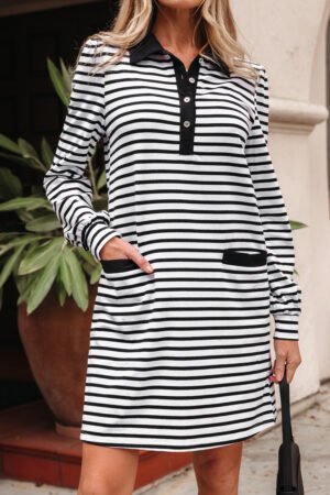 White Stripe Buttoned Front Collared Long Sleeve T Shirt Dress with Pockets - Image 14