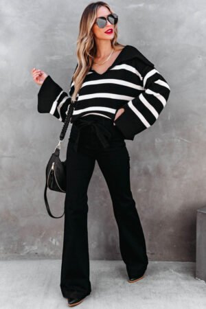 Black Caped V Neck Slit Sleeve Striped/Solid Sweater - Image 4