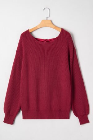 Red Dahlia Ribbed Knit Ribbon Knot Backless Drop Shoulder Sweater - Image 5