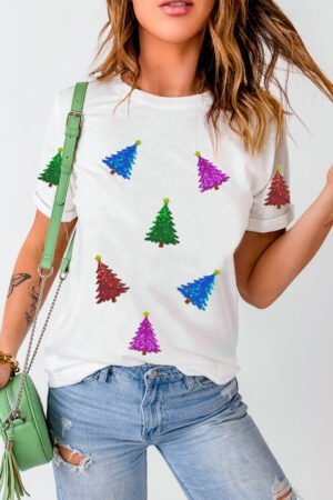 White Glitter Christmas Tree Pattern Cuffed Sleeve Christmas T Shirt - Image 6