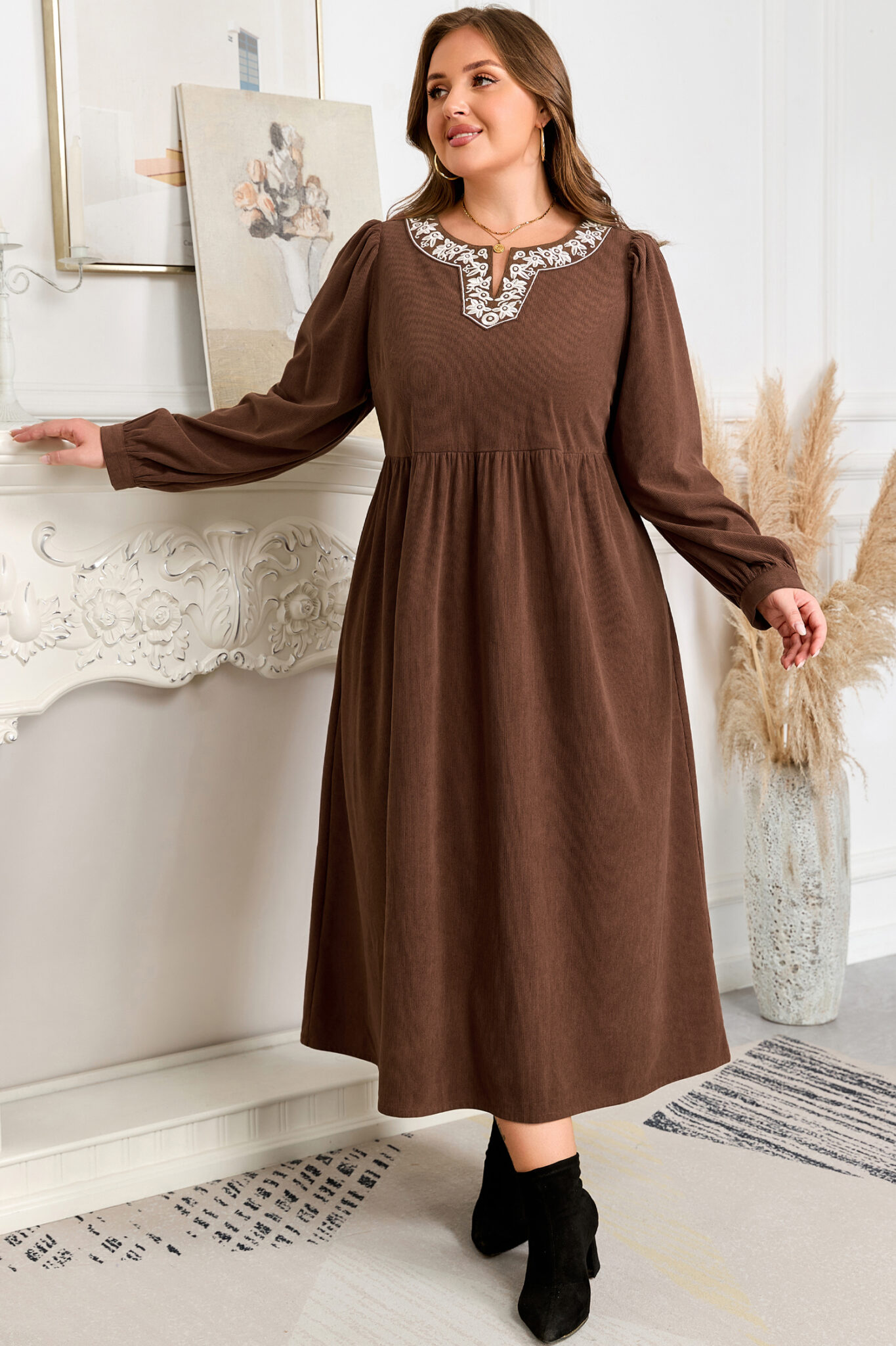 Coffee Embroidered Notched Neckline Textured Pleated High Waist Plus Size Midi Dress Coffee Embroidered Notched Neckline Textured Pleated High Waist Plus Size Midi Dress