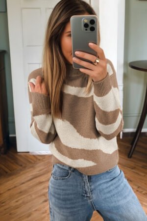 Dark Khaki Abstract Print Ribbed Trim Mock Neck Chic Sweater - Image 3