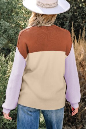 Khaki Color Block Plain Ribbed Knit Baggy Sweater - Image 4