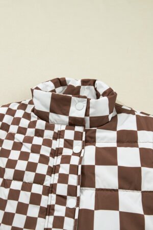 Brown Double Checked Stand Collar Cropped Puffer Vest - Image 7