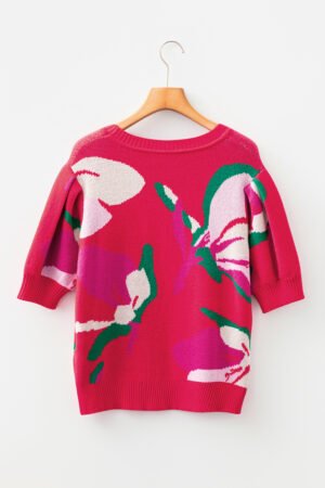 Red Floral Abstract Print Short Puff Sleeve Sweater - Image 9