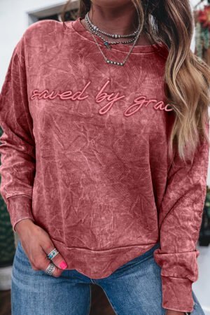 Mineral Red saved by grace Letter Embroidery Mineral Wash Loose Sweatshirt - Image 4
