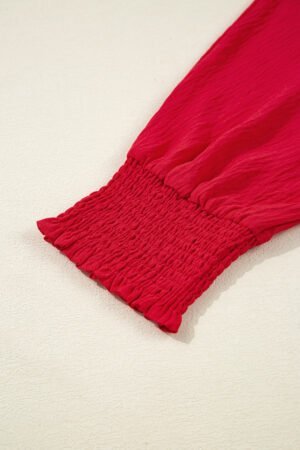 Fiery Red V Neck Collared Shirred 3/4 Sleeve Oversized Tunic Top - Image 8