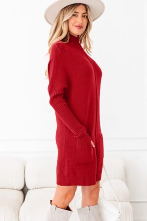 Fiery Red Ribbed High Neck Front Pockets Center Seam Shift Sweater Dress - Image 3