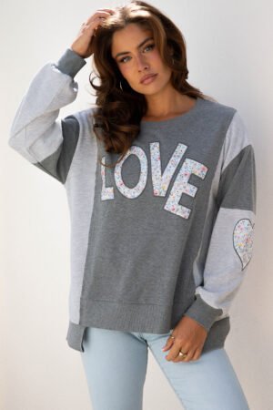 Dark Grey LOVE Graphic Exposed Seam Patchwork Uneven Hem Chic Sweatshirt - Image 3