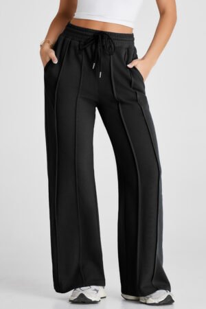 Black Seamed Drawstring High Waist Wide Leg Sweatpants - Image 5