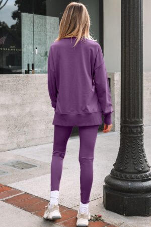 Orchid Mist Solid Color Oversize Slit Sweatshirt Ribbed Leggings 2pcs Set - Image 14