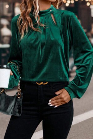 Evergreen Asymmetric Button Keyhole Neck Long Sleeve Velvet Blouse - Image 4