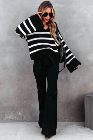 Black Caped V Neck Slit Sleeve Striped/Solid Sweater - Image 5