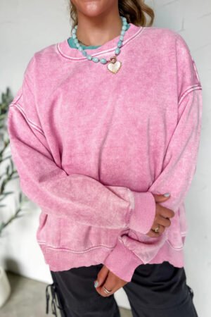 Bright Pink Mineral Wash Crossed Crew Neck Drop Shoulder Loose Sweatshirt