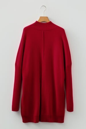 Fiery Red Ribbed High Neck Front Pockets Center Seam Shift Sweater Dress - Image 7
