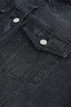 Black Lapel Distressed Raw Hem Buttons Denim Jacket - Image 6