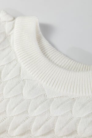White Fish Scale Textured Knit Ribbed High Neck Short Sleeve Sweater - Image 9