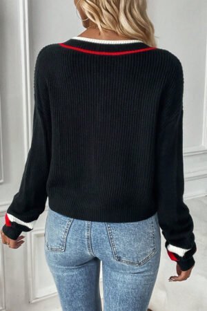 Black Contrast Striped Trim V Neck Drop Shoulder Sweater - Image 2