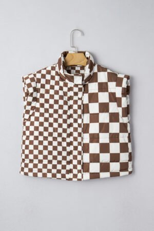 Brown Double Checked Stand Collar Cropped Puffer Vest - Image 4