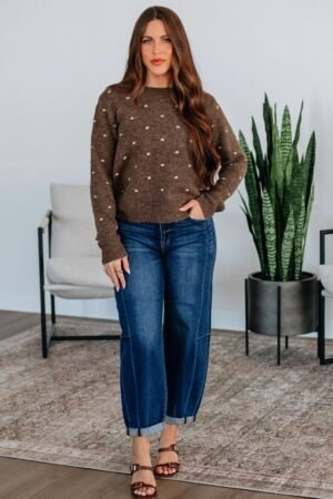 Coffee Dotted Print Ribbed Edge Knit Sweater - Image 3