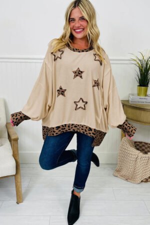 Beige Contrast Leopard Star Patchwork Detail Raw Seam Baggy Sweatshirt - Image 4