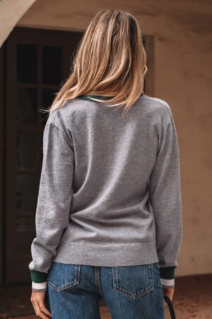 Gray Contrast Striped Trim V Neck Varsity Sweater - Image 3