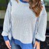 Dark Blue Waffle Knit Exposed Stitching Casual Top with Side Slits