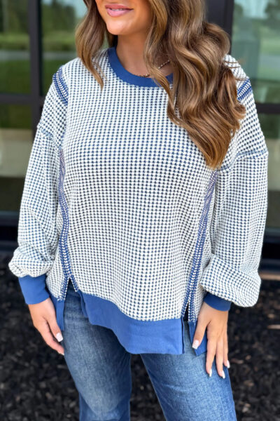 Dark Blue Waffle Knit Exposed Stitching Casual Top with Side Slits