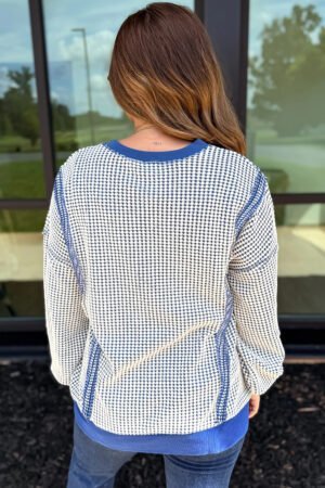Dark Blue Waffle Knit Exposed Stitching Casual Top with Side Slits - Image 2