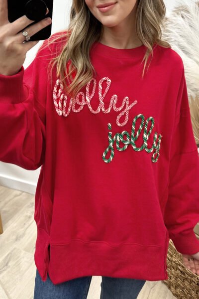Racing Red Holly Jolly Embroidered Graphic Baggy Sweatshirt