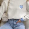 White Plaid Heart Embroidered Cuffed Drop Shoulder Crew Neck Sweater