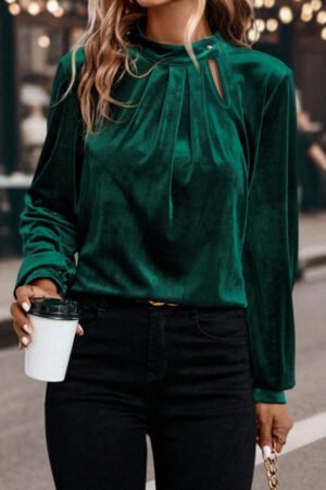Evergreen Asymmetric Button Keyhole Neck Long Sleeve Velvet Blouse - Image 3