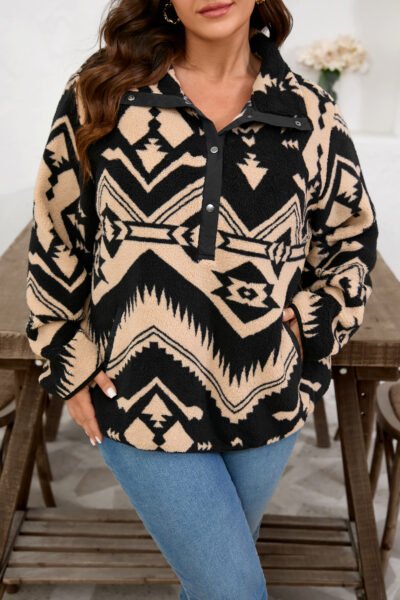 Black Plus Size Western Aztec Pattern Half Button Collared Plush Sweatshirt