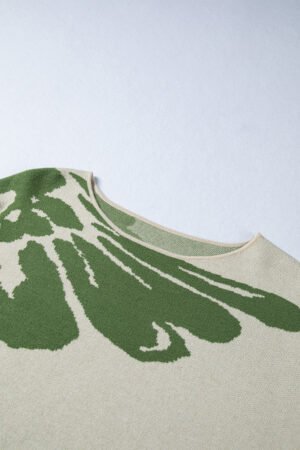 Green Bold Flower Pattern Wide Sleeve Baggy Sweater - Image 7