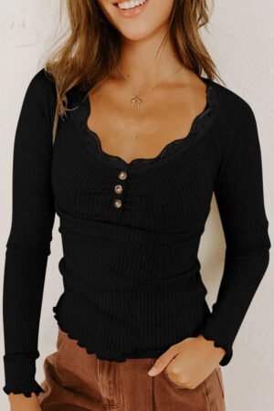 Black Lace Neckline Button Decor Lettuce Edge Long Sleeve Ribbed Top