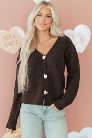 Chicory Coffee Heart Metal Button V Neck Cardigan Sweater - Image 8