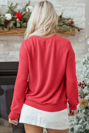 Racing Red Twisted Rib Outlined Merry Letter Graphic Loose Long Sleeve Top - Image 2