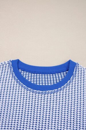 Dark Blue Waffle Knit Exposed Stitching Casual Top with Side Slits - Image 6