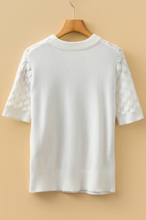 White Fish Scale Textured Knit Ribbed High Neck Short Sleeve Sweater - Image 8
